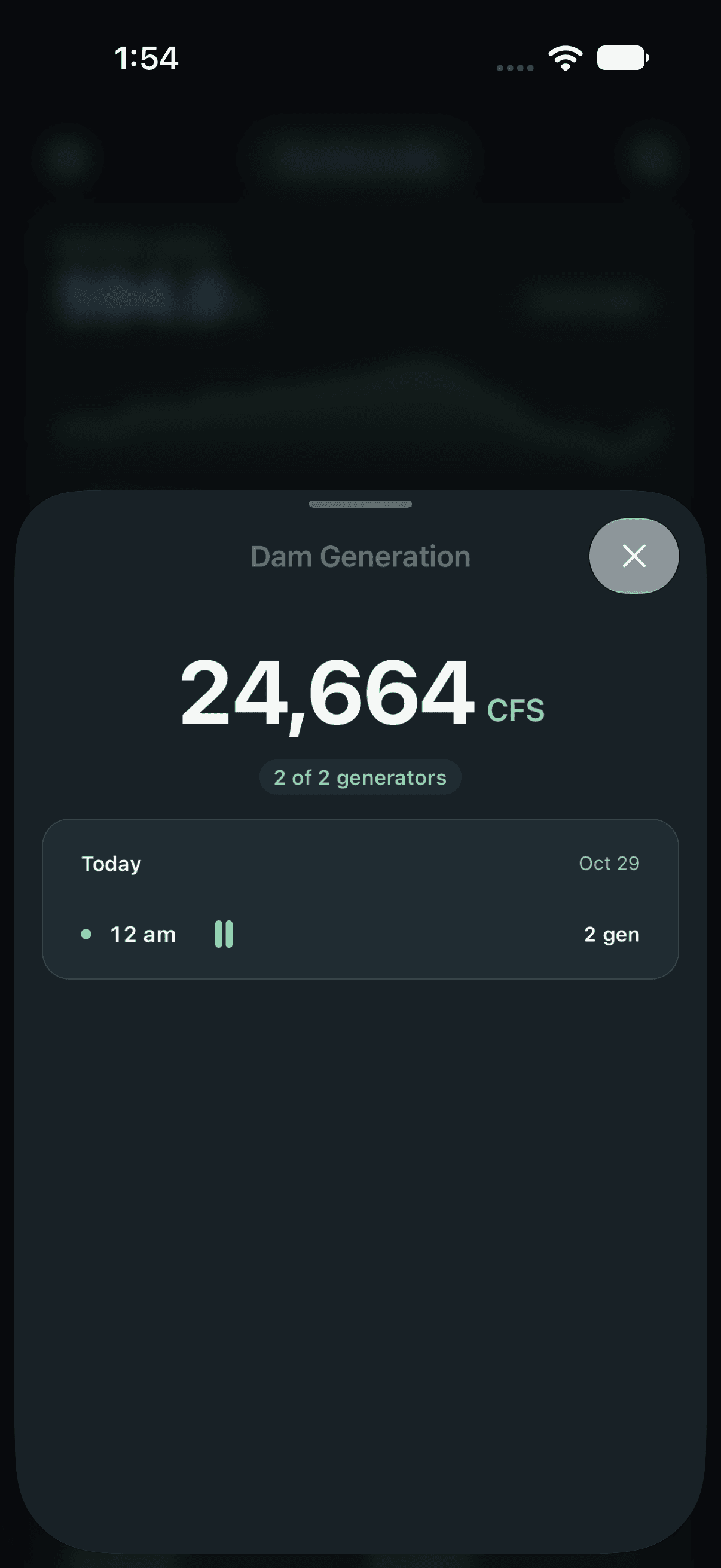 Katch Dam Generation sheet showing flow in CFS and generators running