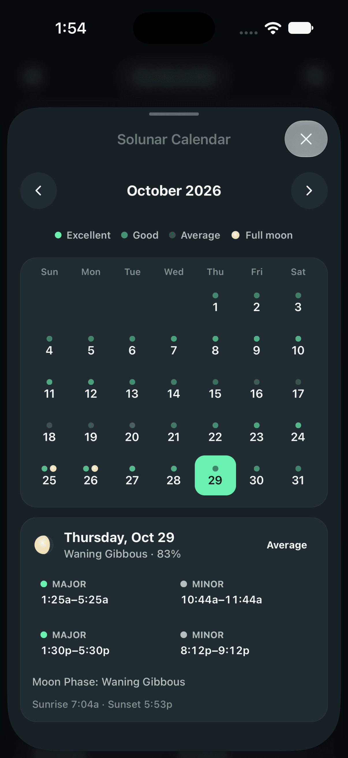 Katch Solunar Calendar with rated days and major and minor periods