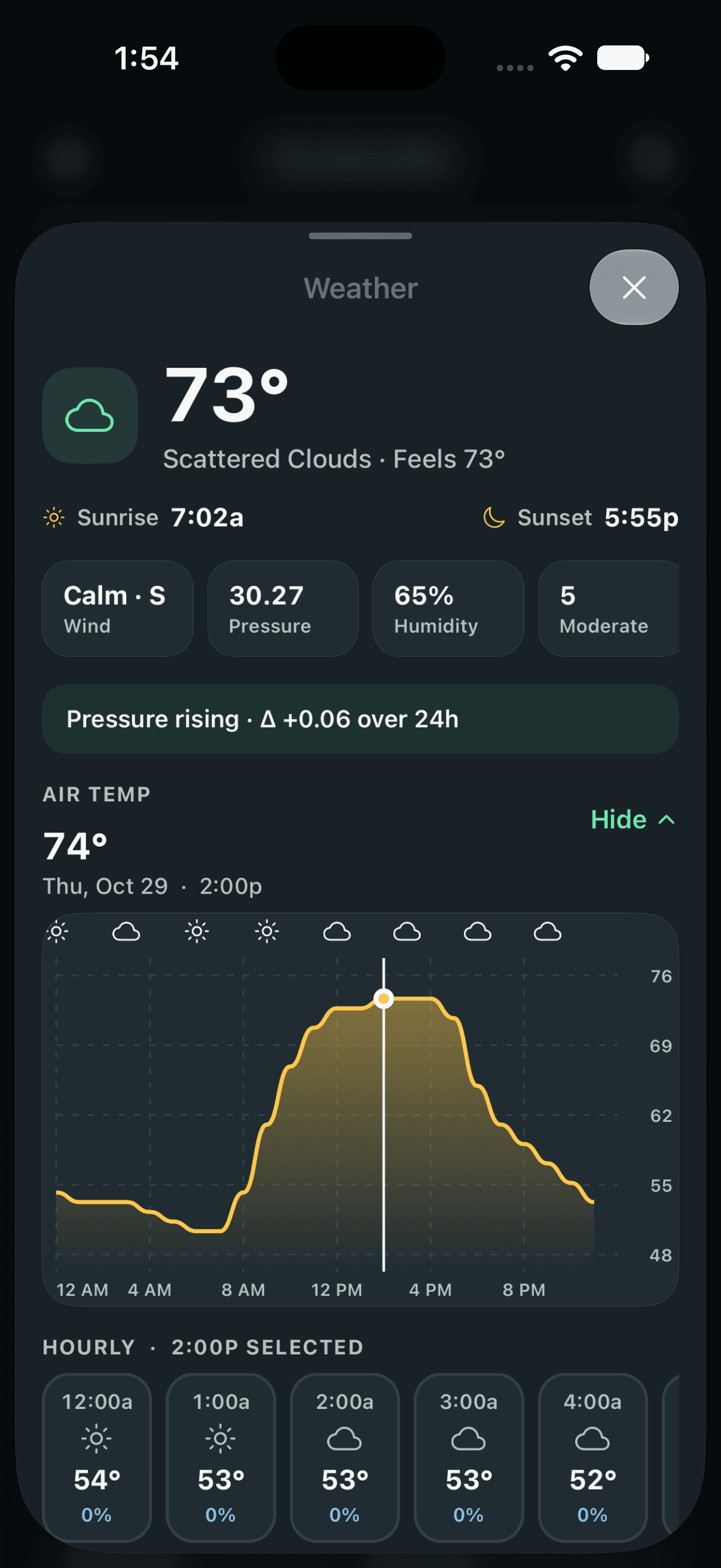 Katch Weather sheet with wind, pressure, humidity, and an hourly temperature chart